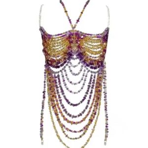 purple & yellow beaded corset top with adjustable straps