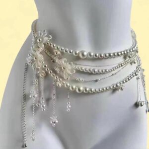 silver & cream pearl belt with floral details