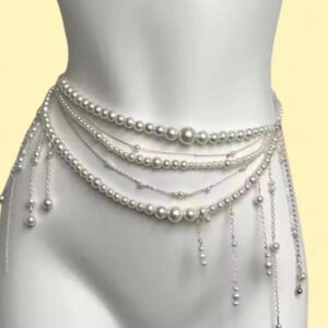 silver and white pearl body chain