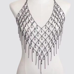 black beaded body chain with fringe