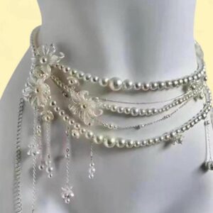 silver and white pearl belt with flower details