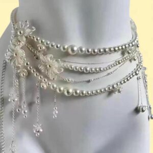 white pearl and silver chain belt