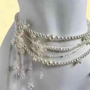 silver and white pearl belt with flower details