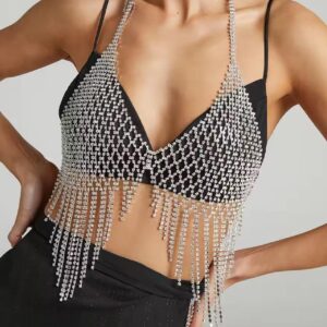silver rhinestone fringe crop top