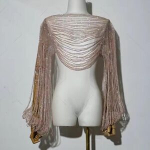 pink beaded long sleeve top with bell sleeves