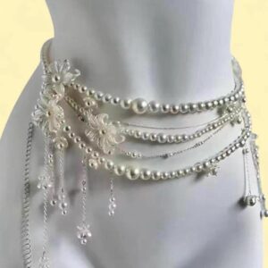 silver and white pearl waist chain with flower details