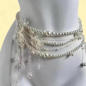 silver & white pearl belly chain with floral details