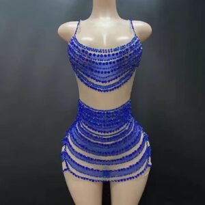 blue beaded crop top and skirt set