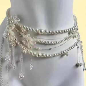 silver & white pearl belt with floral details