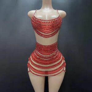 red sequin body suit with matching belt
