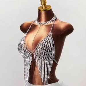 silver rhinestone halter top with fringe