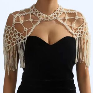 cream pearl beaded shawl with fringe