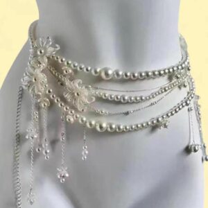 silver and white pearl belly chain with flower details