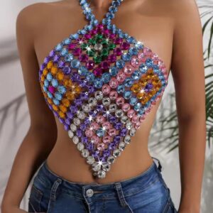 multicoloured rhinestone halter neck top