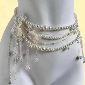 white pearl and silver chain belt with tassels