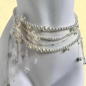 silver and pearl belly chain with tassels