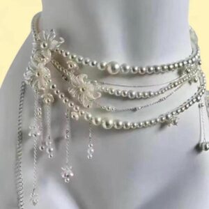 silver and pearl beaded waist chain with tassels