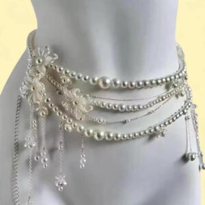 silver and white pearl belt with flower details