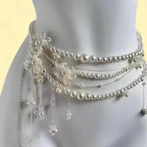silver pearl and rhinestone belt with adjustable chain