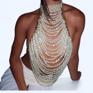 pearl halter top with gold chain details