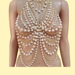 gold & white pearl body chain