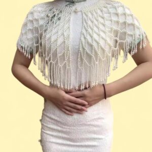 cream pearl beaded cape with fringe
