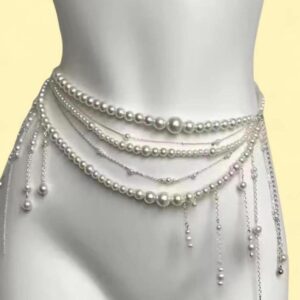 white pearl belly chain with silver beads