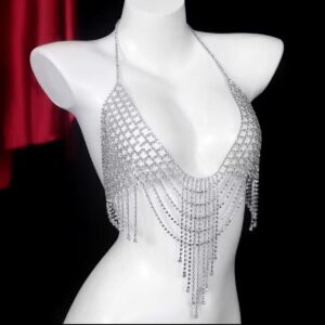 silver rhinestone halter neck top with fringe