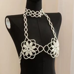white pearl beaded halter top and choker set