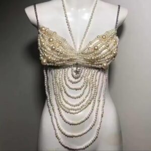 cream pearl embellished body chain top