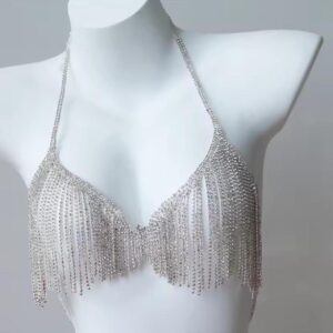 silver rhinestone halter top with fringe