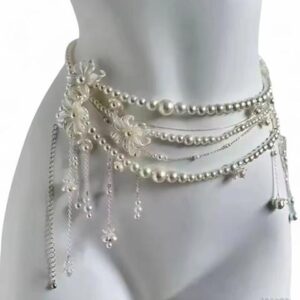 silver & white pearl belly chain with floral accents and dangling beads