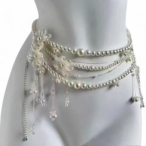 silver & white pearl belly chain with floral accents and dangling beads